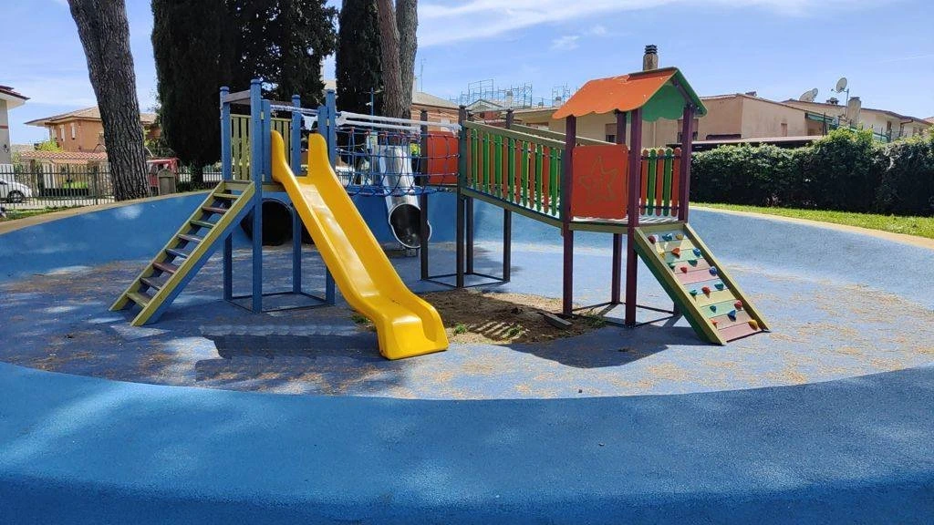 Ecological playground in colorful post-consumer recycled plastic for children - sustainable inclusive certified playground equipment Norma EN