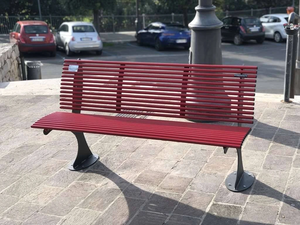 Shark bench modern design red steel 2 meters seat backrest - contemporary resistant urban furniture for public spaces